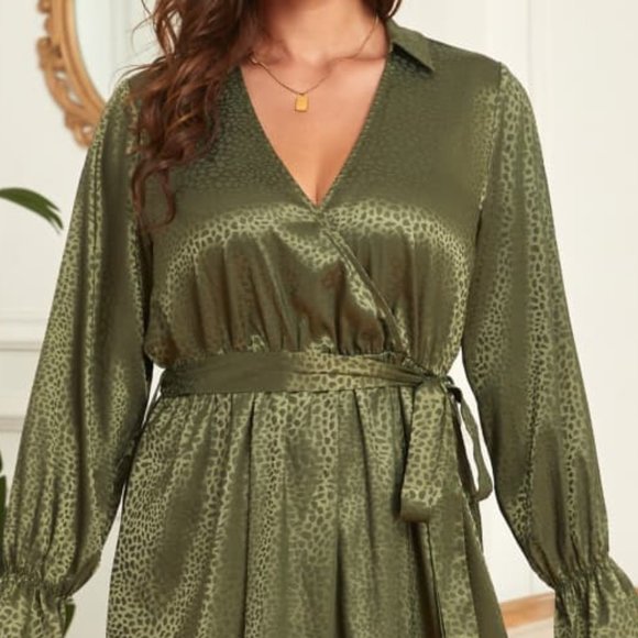 Melo Apparel Plus Size Surplice Neck Tie Belt Flounce Sleeve Midi Dress - Picture 3 of 7